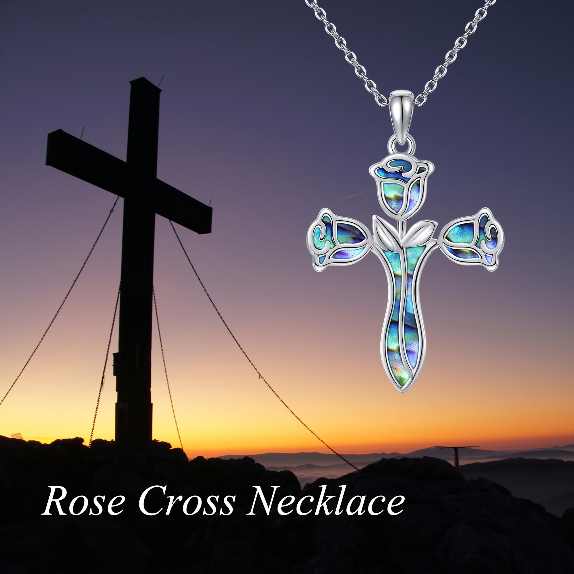 Women's Rose Cross Necklace with Abalone Shell Pendant